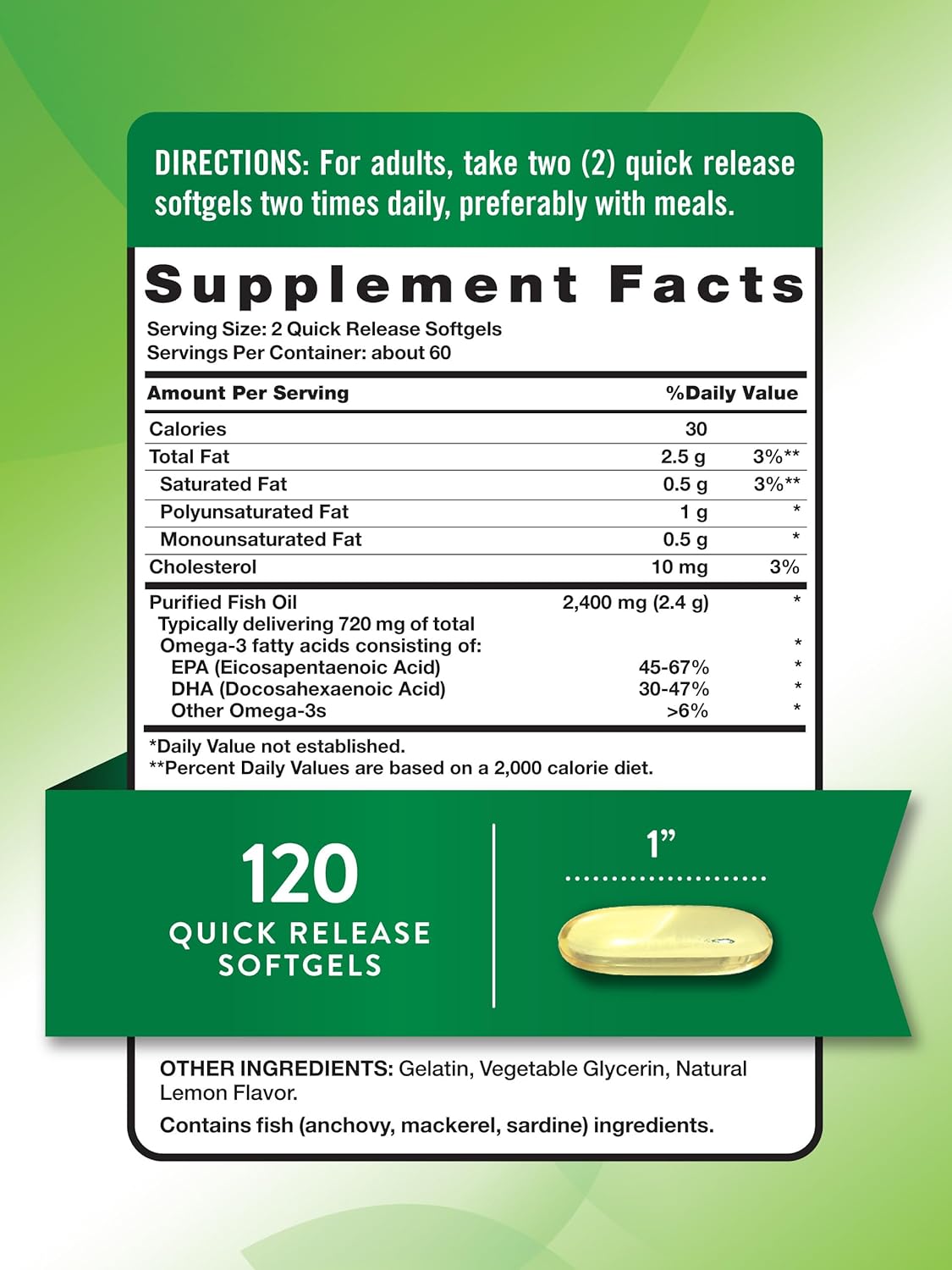 2400mg Fish Oil Softgels with 720mg Omega 3 - Burpless Lemon Flavor - Non-GMO & Gluten Free - 120 Quick Release Pills