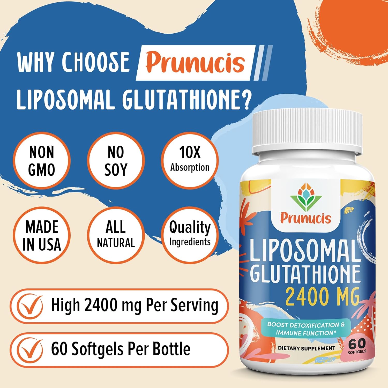 2400MG Liposomal Glutathione with Vitamin C - Enhanced Absorption Antioxidant Supplement for Immune Support - Non GMO, 120 Softgels