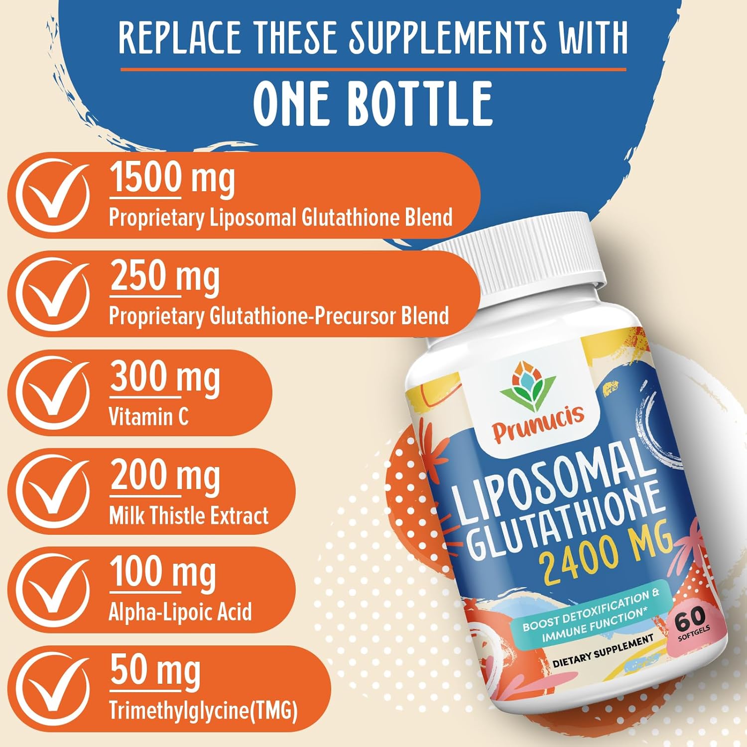 2400MG Liposomal Glutathione with Vitamin C - Enhanced Absorption Antioxidant Supplement for Immune Support - Non GMO, 120 Softgels