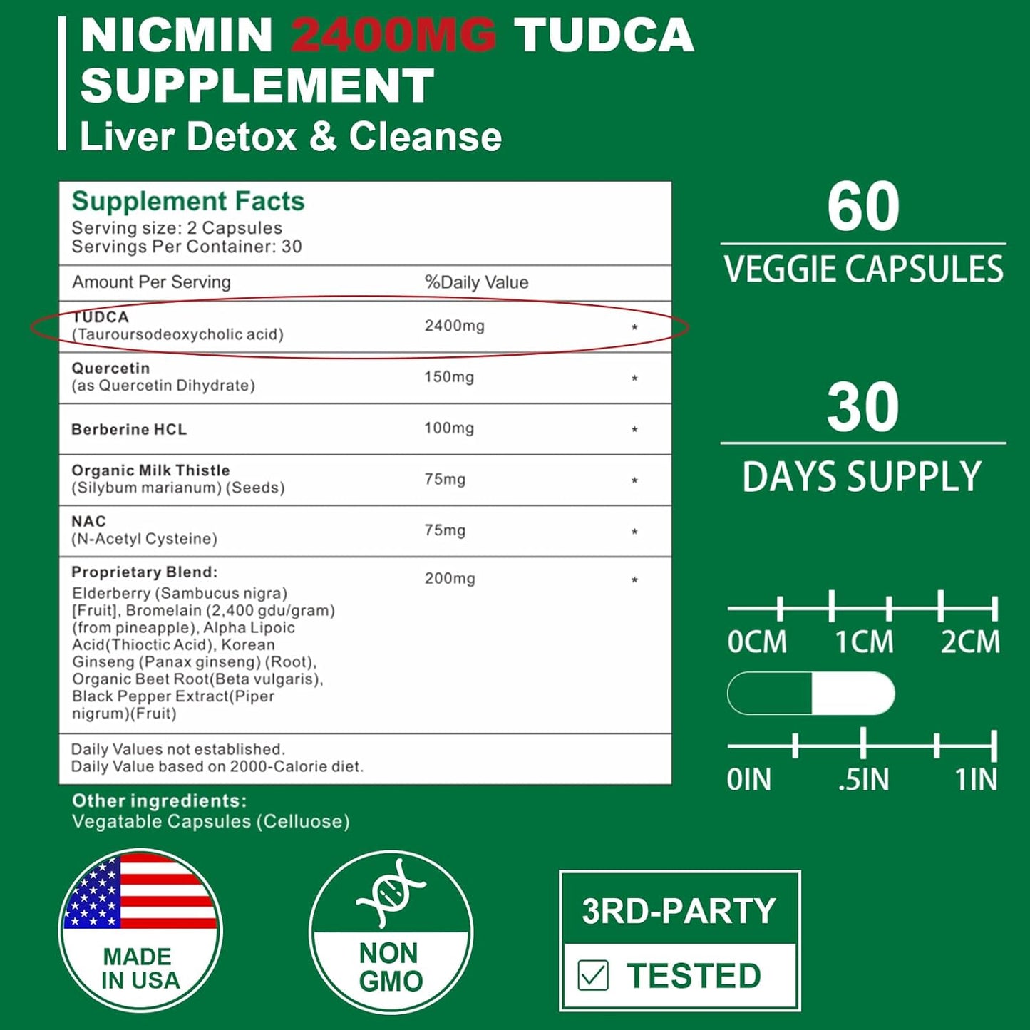 2400MG NICMIN TUDCA Supplements for Liver Detox & Gallbladder Cleanse - 180 Capsules