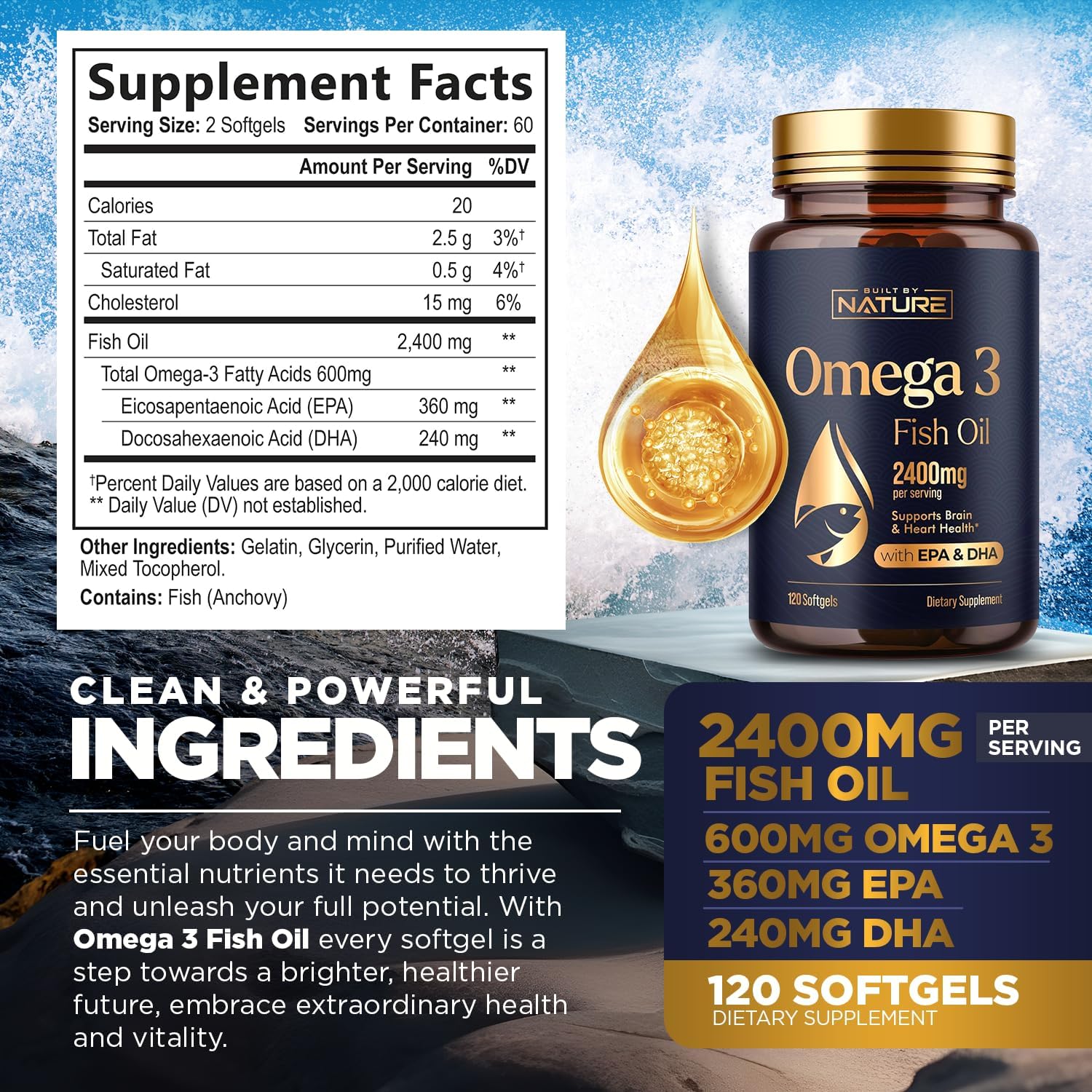2400mg Omega-3 Fish Oil Supplement with EPA & DHA for Heart and Brain Health - Sustainably Sourced Wild Caught Peruvian Anchovy - Non-GMO - 120 Softgels