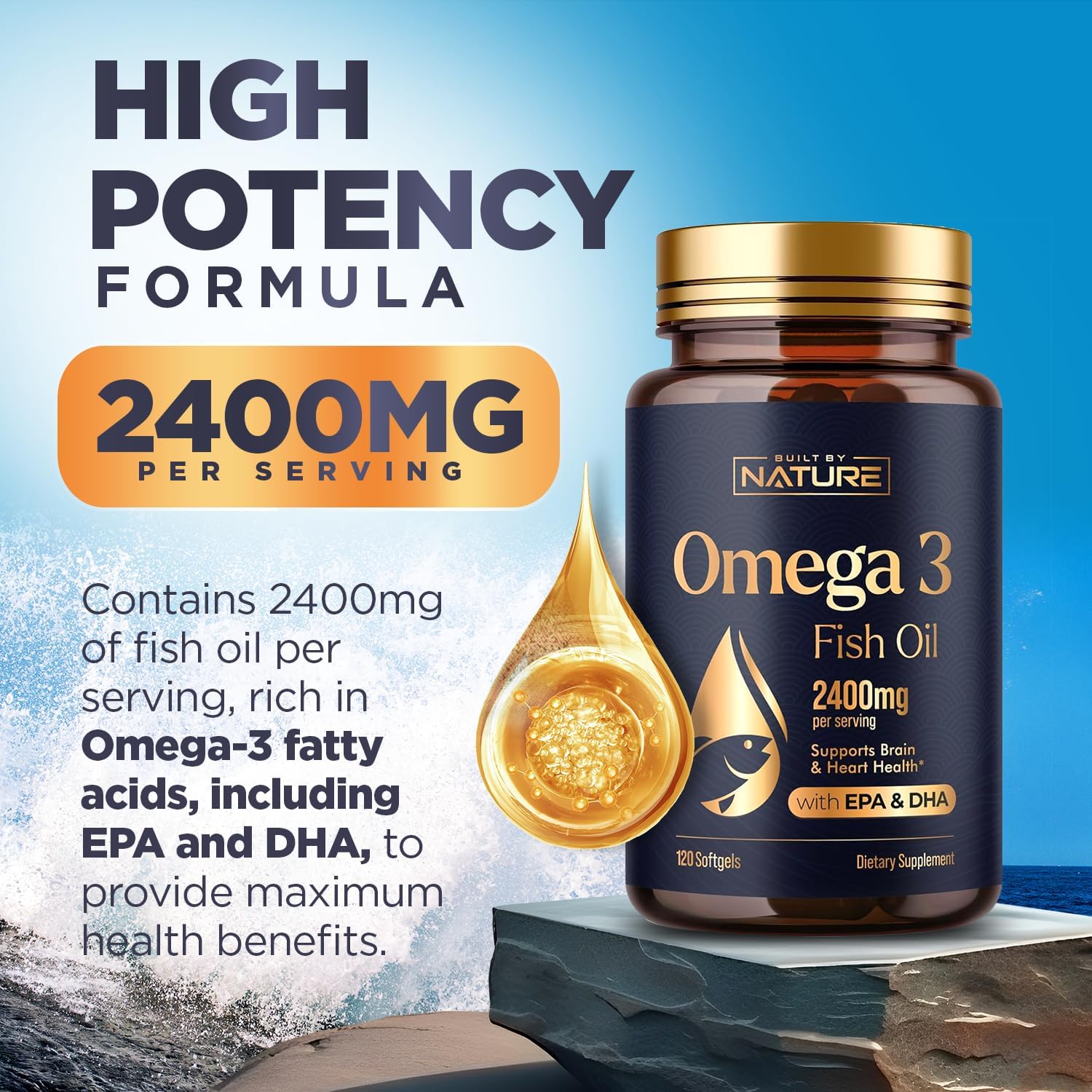 2400mg Omega-3 Fish Oil Supplement with EPA & DHA for Heart and Brain Health - Sustainably Sourced Wild Caught Peruvian Anchovy - Non-GMO - 120 Softgels