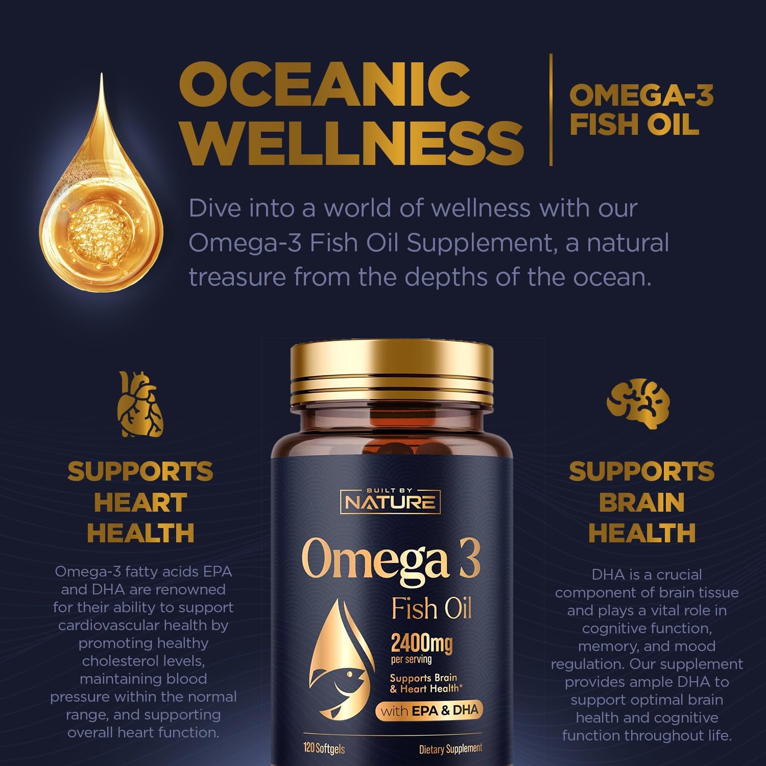 2400mg Omega-3 Fish Oil Supplement with EPA & DHA for Heart and Brain Health - Sustainably Sourced Wild Caught Peruvian Anchovy - Non-GMO - 120 Softgels