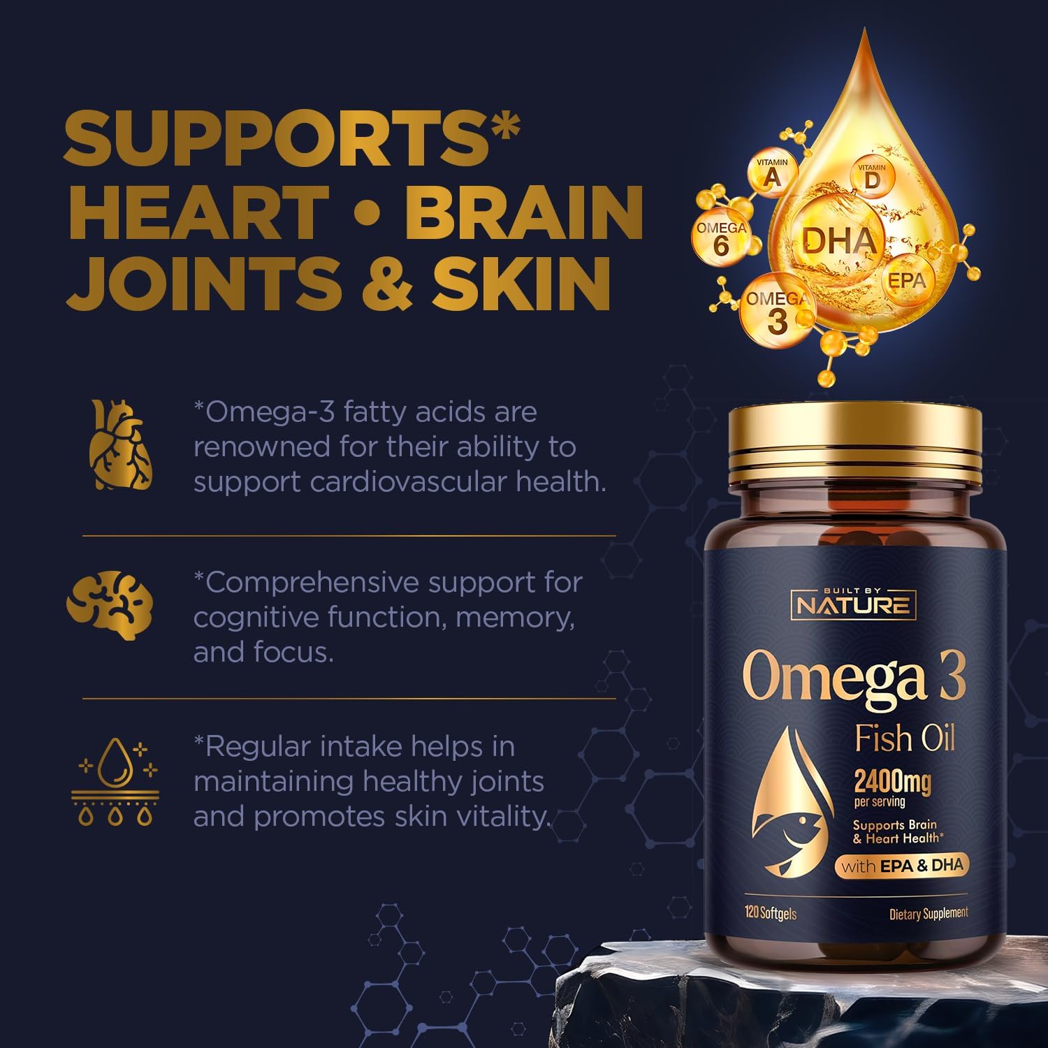 2400mg Omega-3 Fish Oil Supplement with EPA & DHA for Heart and Brain Health - Sustainably Sourced Wild Caught Peruvian Anchovy - Non-GMO - 120 Softgels