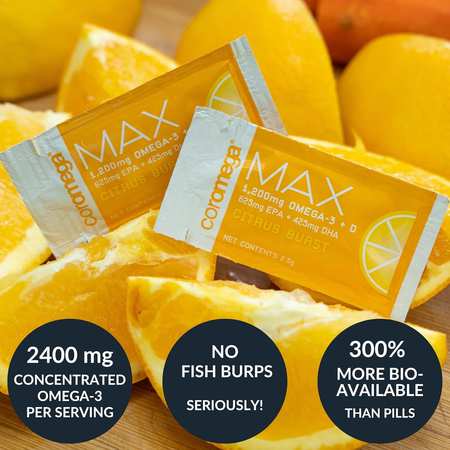 2400mg Omega-3 Fish Oil + Vitamin D Squeeze Packets - Wild-Caught, No Fishy Taste - 3X Absorption - Brain & Heart Health Support - 90 Servings, Citrus Burst