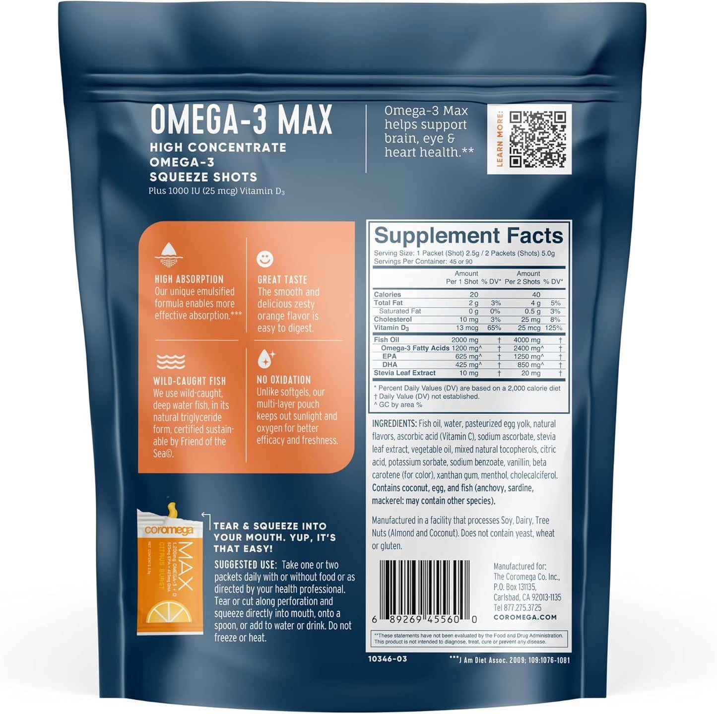 2400mg Omega-3 Fish Oil + Vitamin D Squeeze Packets - Wild-Caught, No Fishy Taste - 3X Absorption - Brain & Heart Health Support - 90 Servings, Citrus Burst