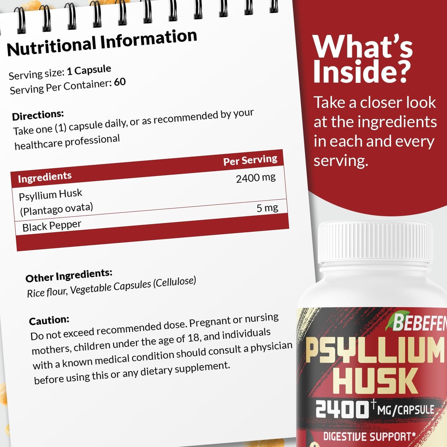 2400mg Psyllium Husk Capsules with Black Pepper - 60 Day Supply - Soluble Fiber for Gut Health - Non-GMO & Gluten-Free