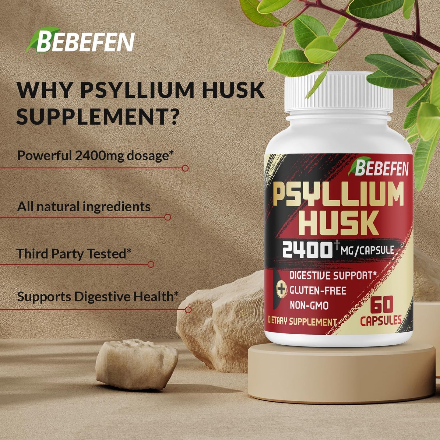 2400mg Psyllium Husk Capsules with Black Pepper - 60 Day Supply - Soluble Fiber for Gut Health - Non-GMO & Gluten-Free