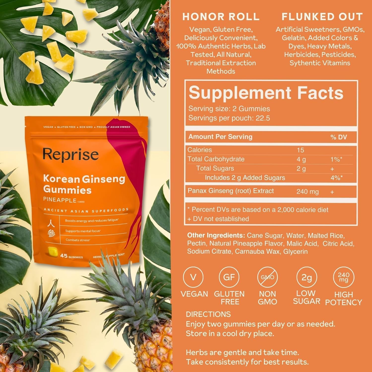 240mg Korean Red Ginseng Gummies for Energy, Memory, and Immunity - Pack of 45 (3 Pack)