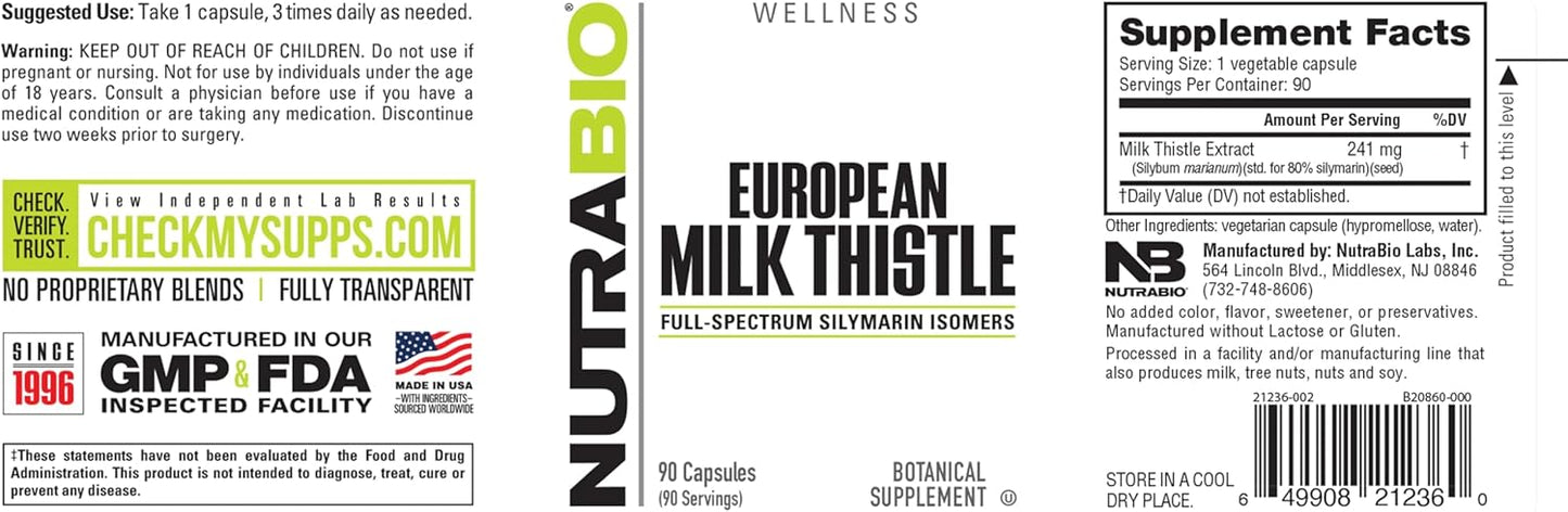241mg European Milk Thistle Supplement for Antioxidant Support - 90 Capsules by NutraBio