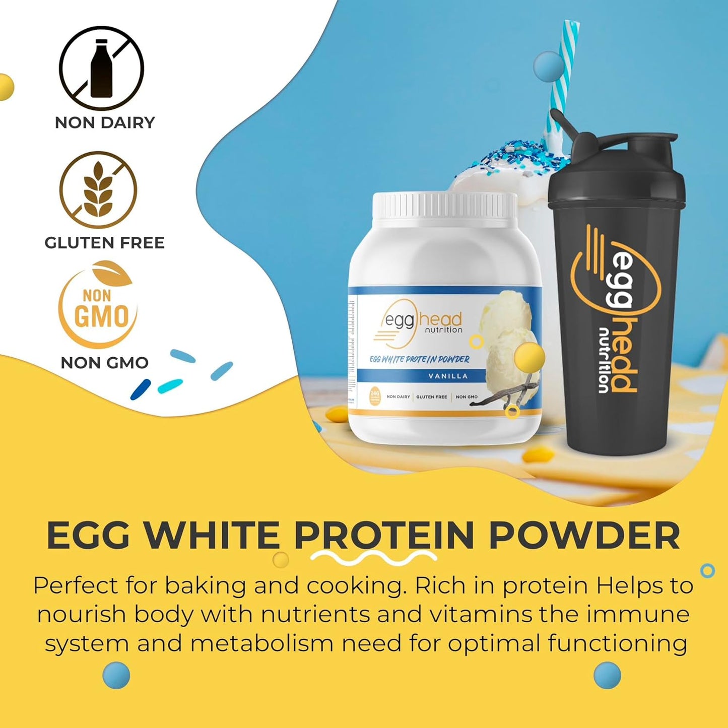 24g Egg White Protein Powder - Non Dairy, Gluten Free, Non GMO - Made in USA (Vanilla) - Egghead Nutrition