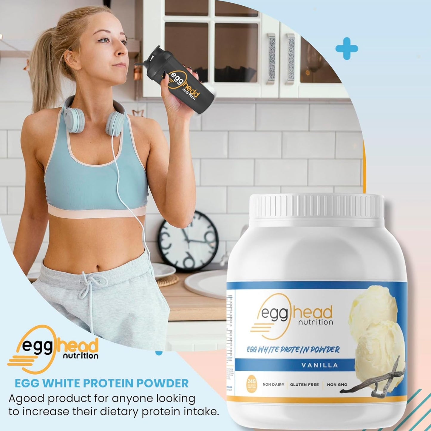 24g Egg White Protein Powder - Non Dairy, Gluten Free, Non GMO - Made in USA (Vanilla) - Egghead Nutrition