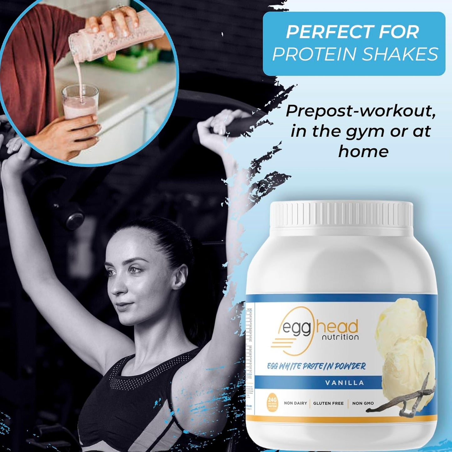 24g Egg White Protein Powder - Non Dairy, Gluten Free, Non GMO - Made in USA (Vanilla) - Egghead Nutrition