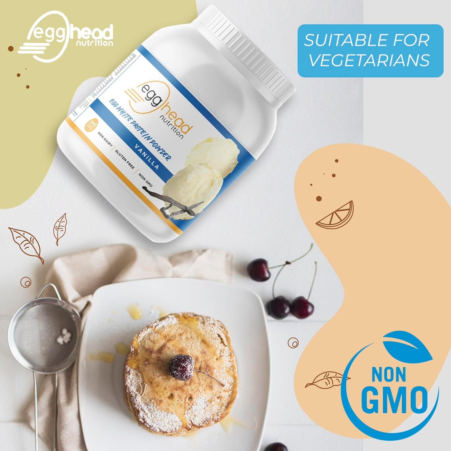 24g Egg White Protein Powder - Non Dairy, Gluten Free, Non GMO - Made in USA (Vanilla) - Egghead Nutrition