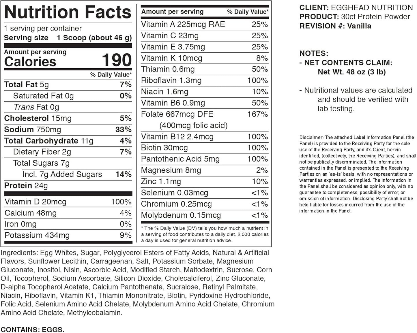 24g Egg White Protein Powder - Non Dairy, Gluten Free, Non GMO - Made in USA (Vanilla) - Egghead Nutrition