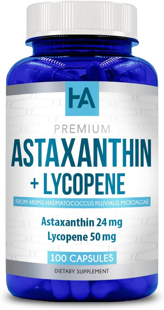 24mg Astaxanthin + 50mg Lycopene Capsules - 100 Vegetarian, Non-GMO & Gluten Free