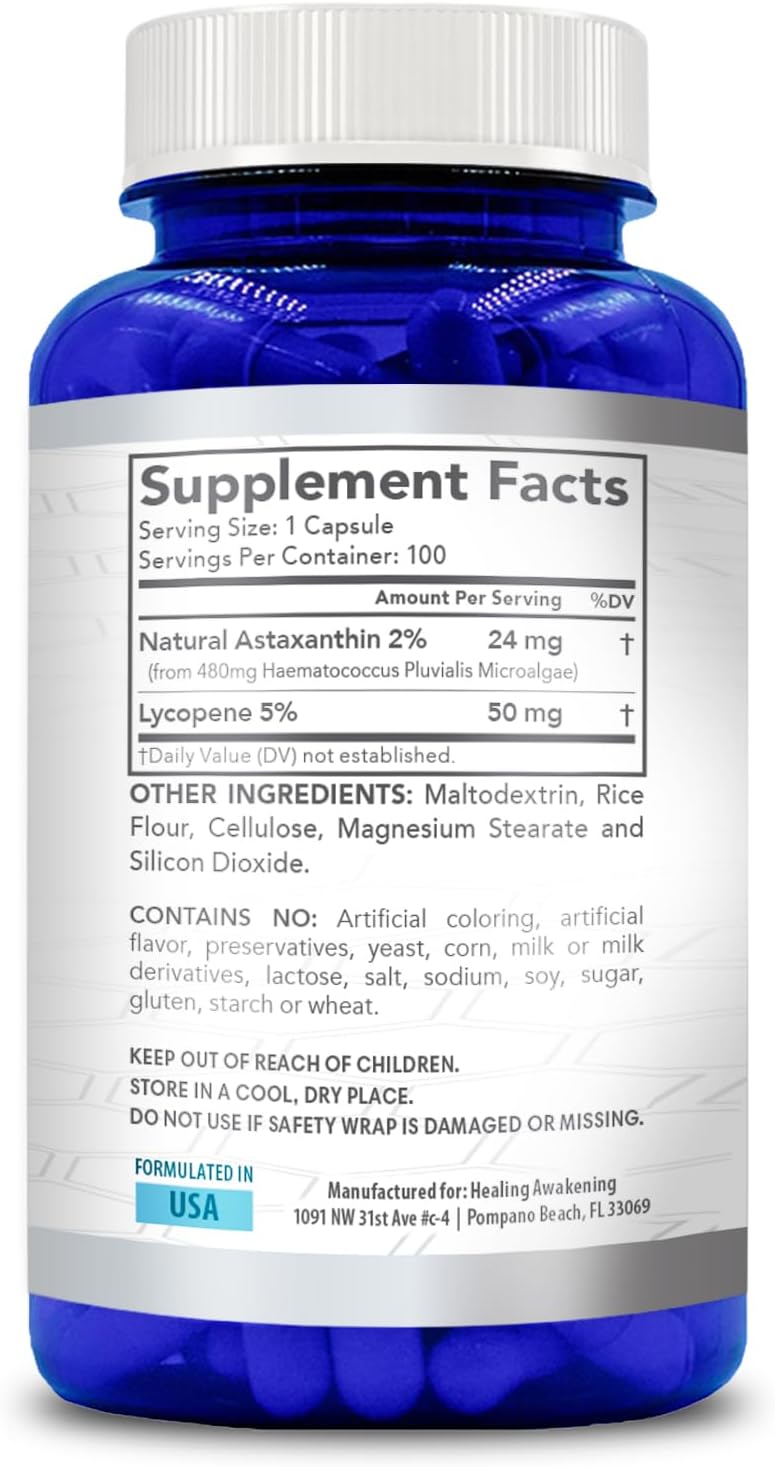 24mg Astaxanthin + 50mg Lycopene Capsules - 100 Vegetarian, Non-GMO & Gluten Free