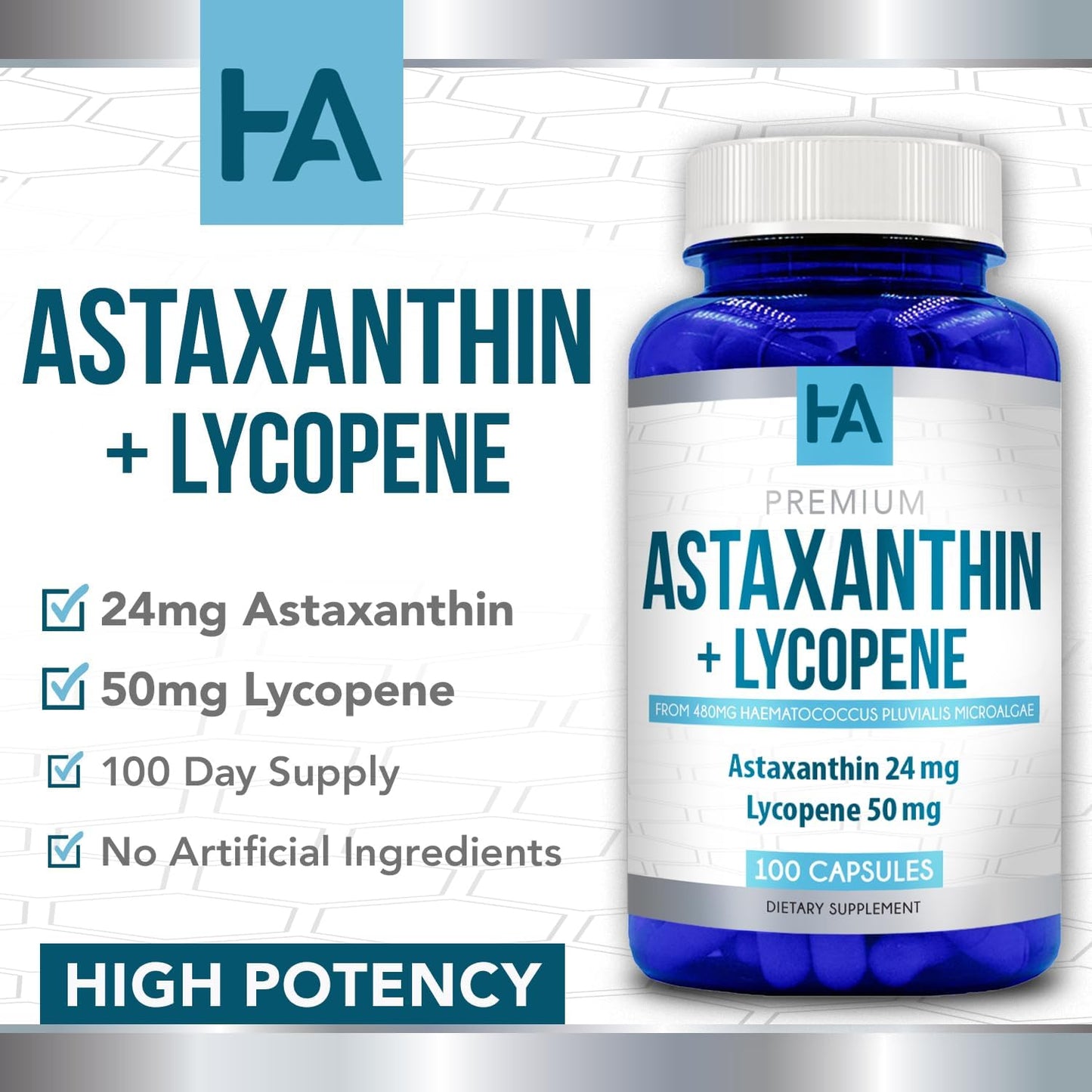 24mg Astaxanthin + 50mg Lycopene Capsules - 100 Vegetarian, Non-GMO & Gluten Free