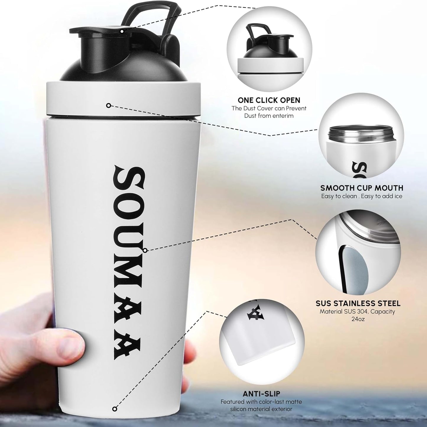 24oz Insulated Stainless Steel Protein Shaker Bottle with Mixing Ball - Ideal for Blending Powders, Smoothies, and Supplements