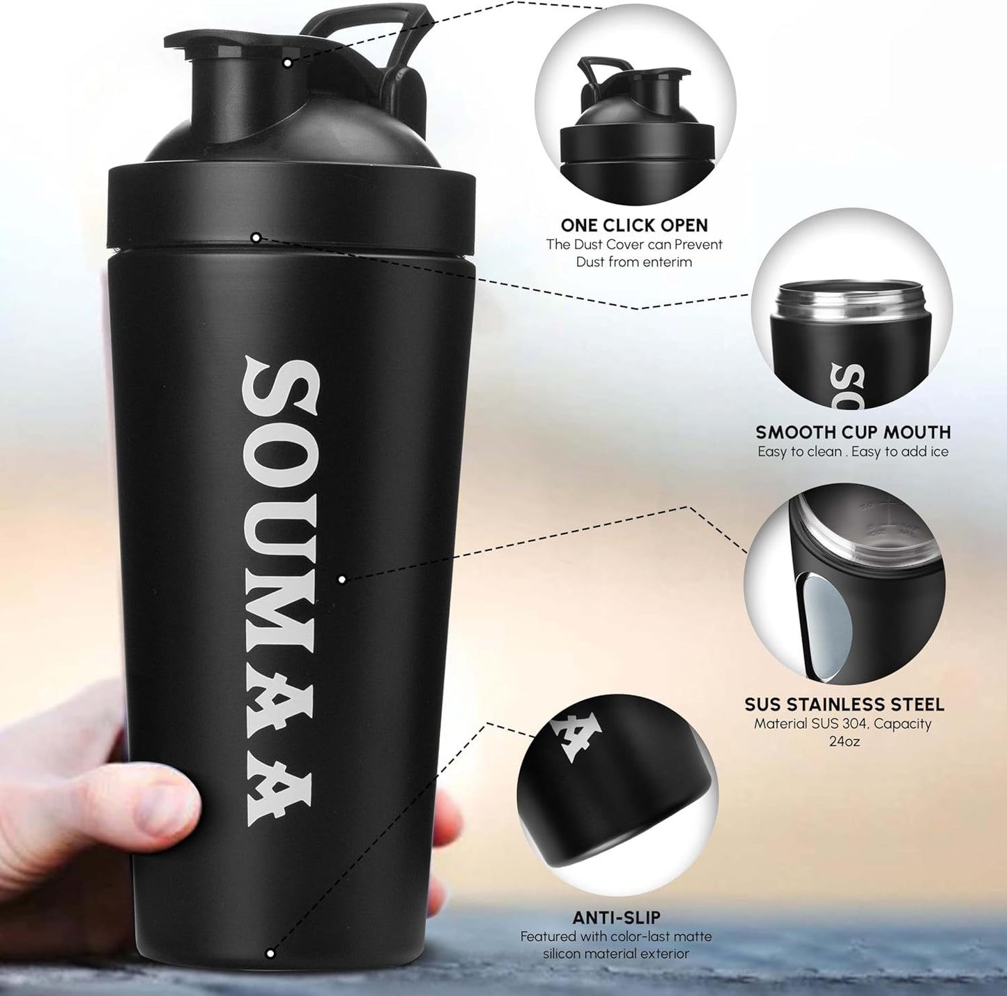24oz Insulated Stainless Steel Protein Shaker Bottle with Mixing Ball - Ideal for Protein Powders, Smoothies, and Pre-Workouts