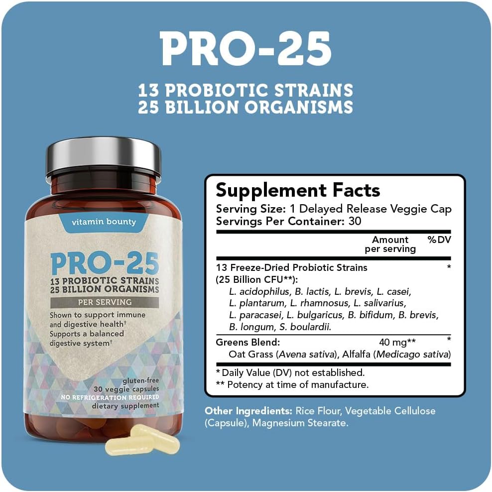 25 Billion CFU Probiotic with Prebiotics for Oral & Gut Health - 13 Strains, Embocaps & Fermented Greens - 30 Capsules