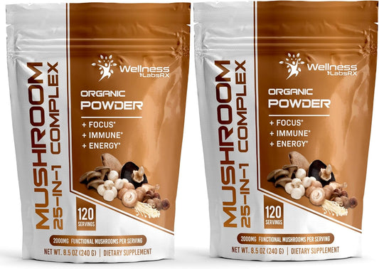 25-in-1 Mushroom Supplement Powder, 2000mg Lions Mane & Superfood Mushrooms - Chaga, Shiitake, Cordyceps, Reishi - Pack of 2