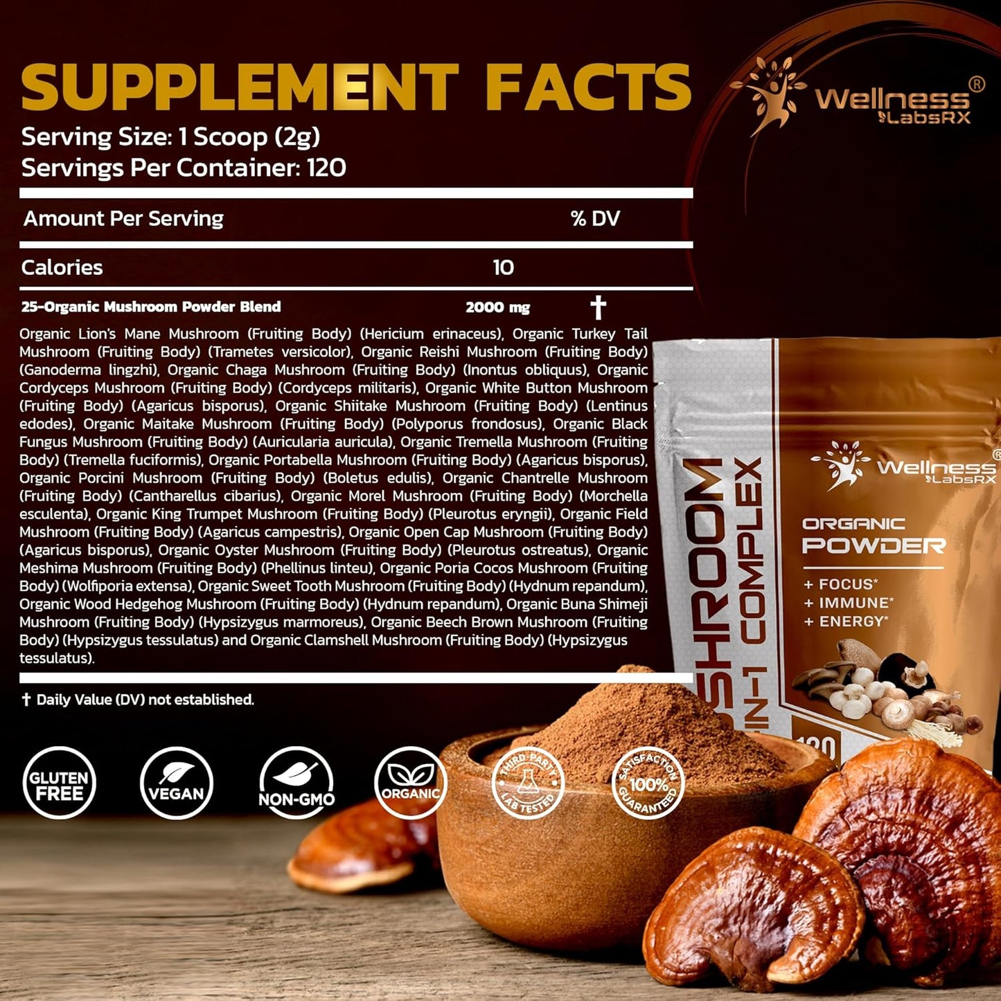 25-in-1 Mushroom Supplement Powder, 2000mg Lions Mane & Superfood Mushrooms - Chaga, Shiitake, Cordyceps, Reishi - Pack of 2