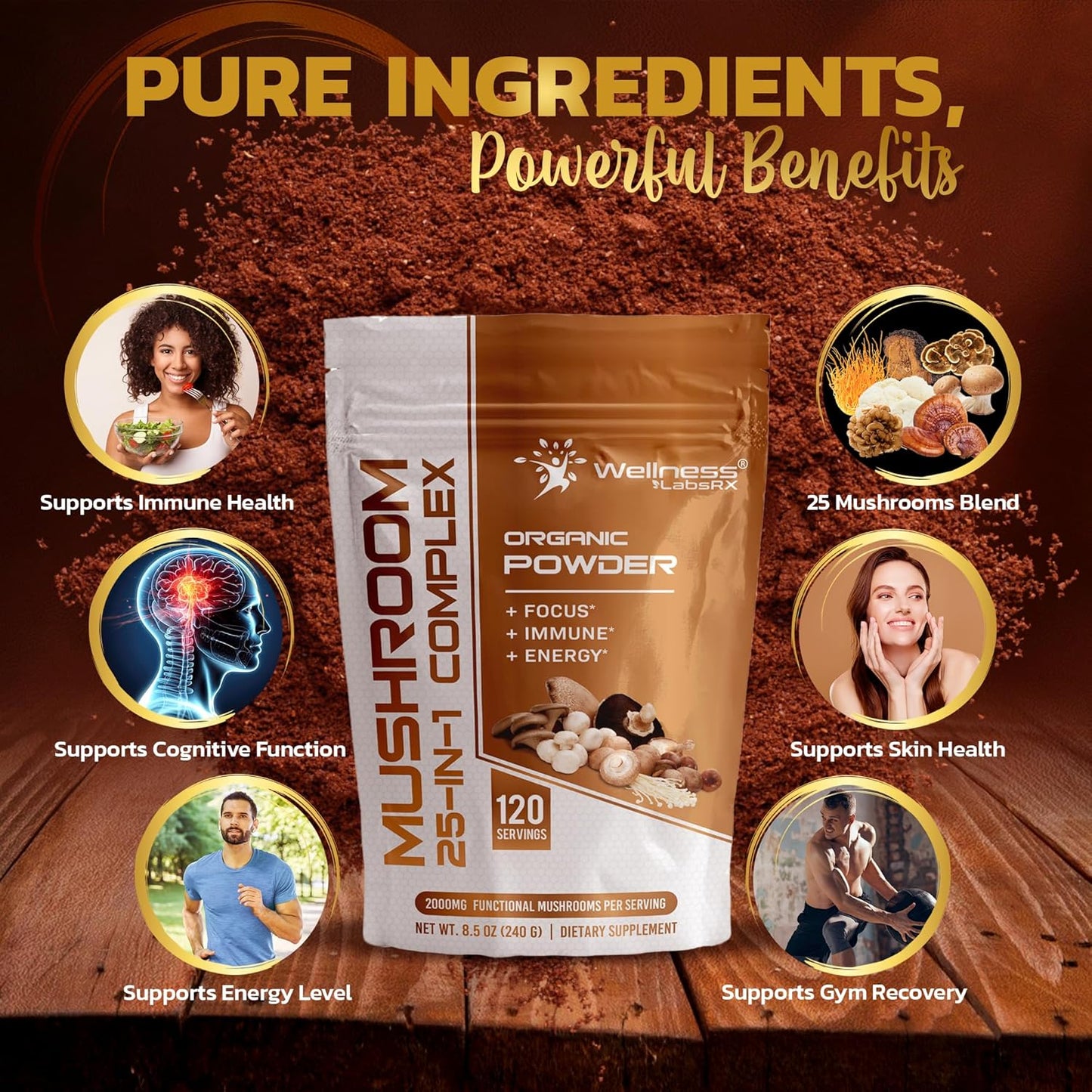 25-in-1 Mushroom Supplement Powder, 2000mg Lions Mane & Superfood Mushrooms - Chaga, Shiitake, Cordyceps, Reishi - Pack of 2
