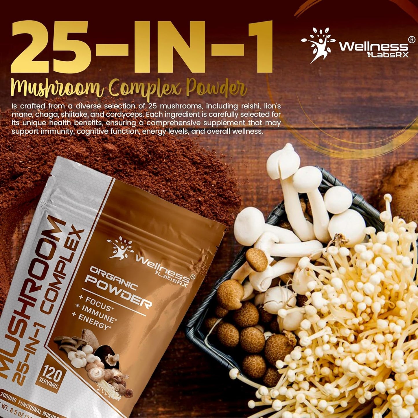 25-in-1 Mushroom Supplement Powder, 2000mg Lions Mane & Superfood Mushrooms - Chaga, Shiitake, Cordyceps, Reishi - Pack of 2