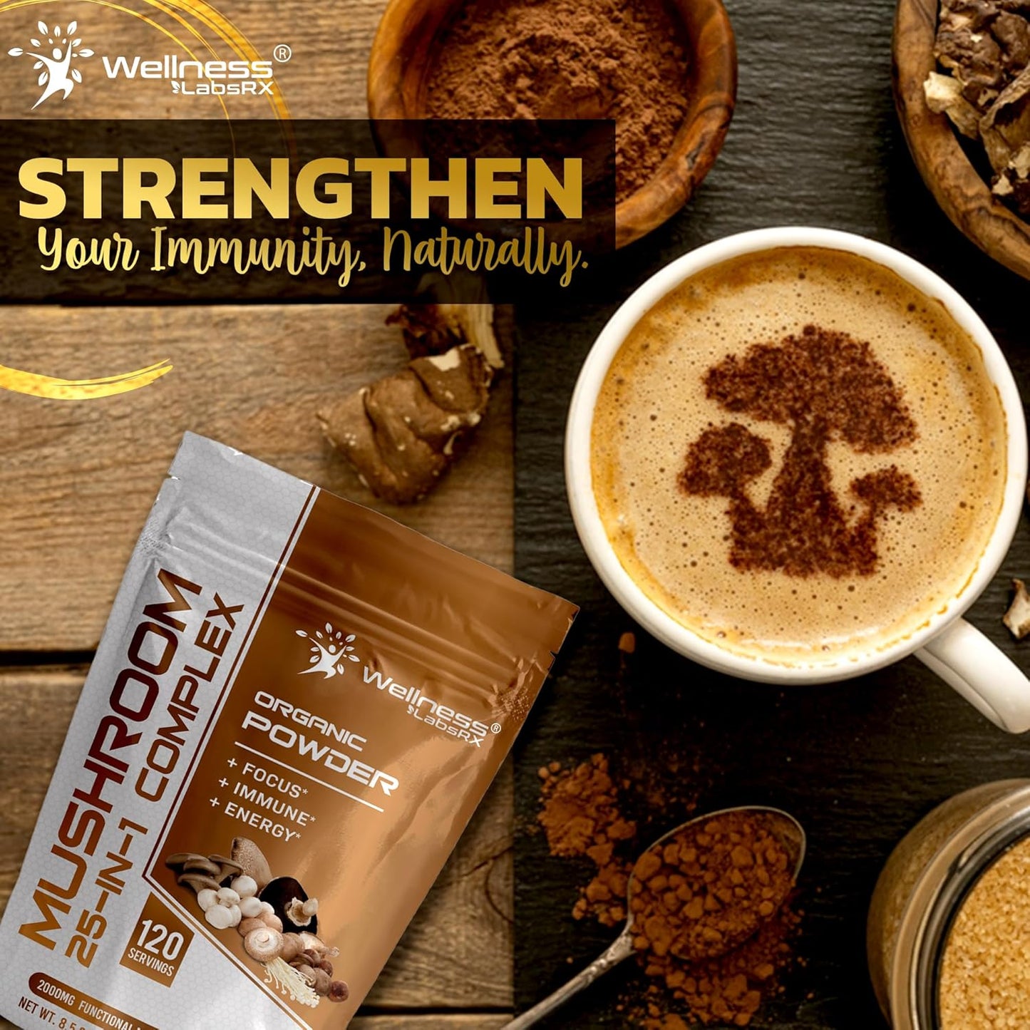 25-in-1 Mushroom Supplement Powder, 2000mg Lions Mane & Superfood Mushrooms - Chaga, Shiitake, Cordyceps, Reishi - Pack of 2