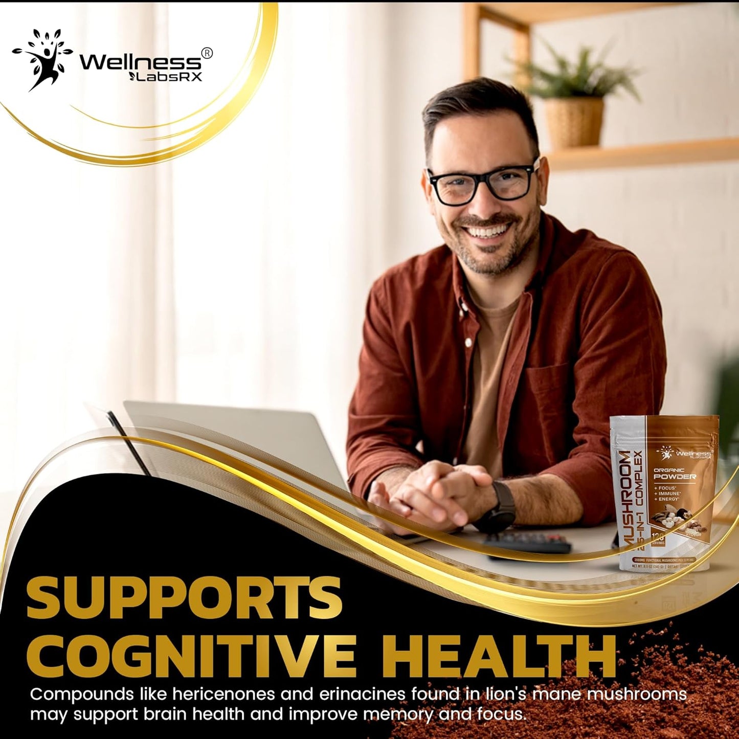 25-in-1 Mushroom Supplement Powder, 2000mg Lions Mane & Superfood Mushrooms - Chaga, Shiitake, Cordyceps, Reishi - Pack of 2