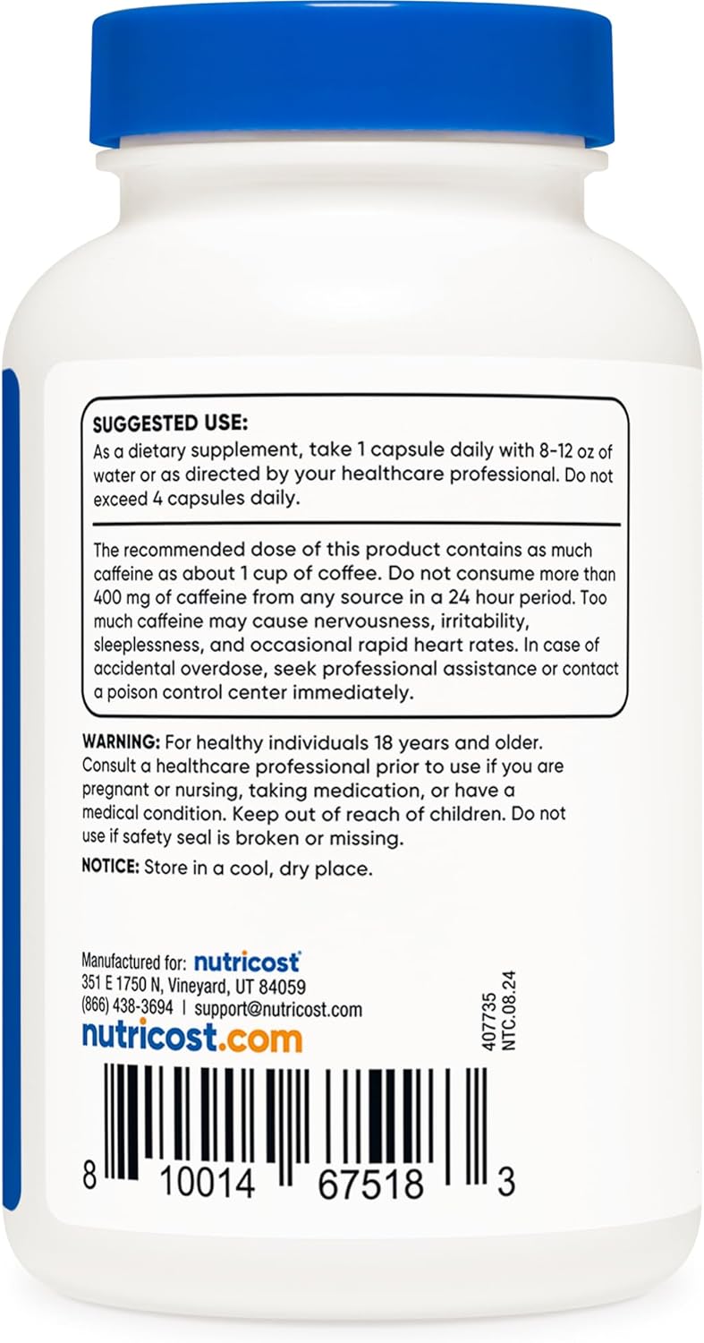 250 Capsules of Nutricost Caffeine Pills, 100mg Per Serving - Energy Boost & Focus Support