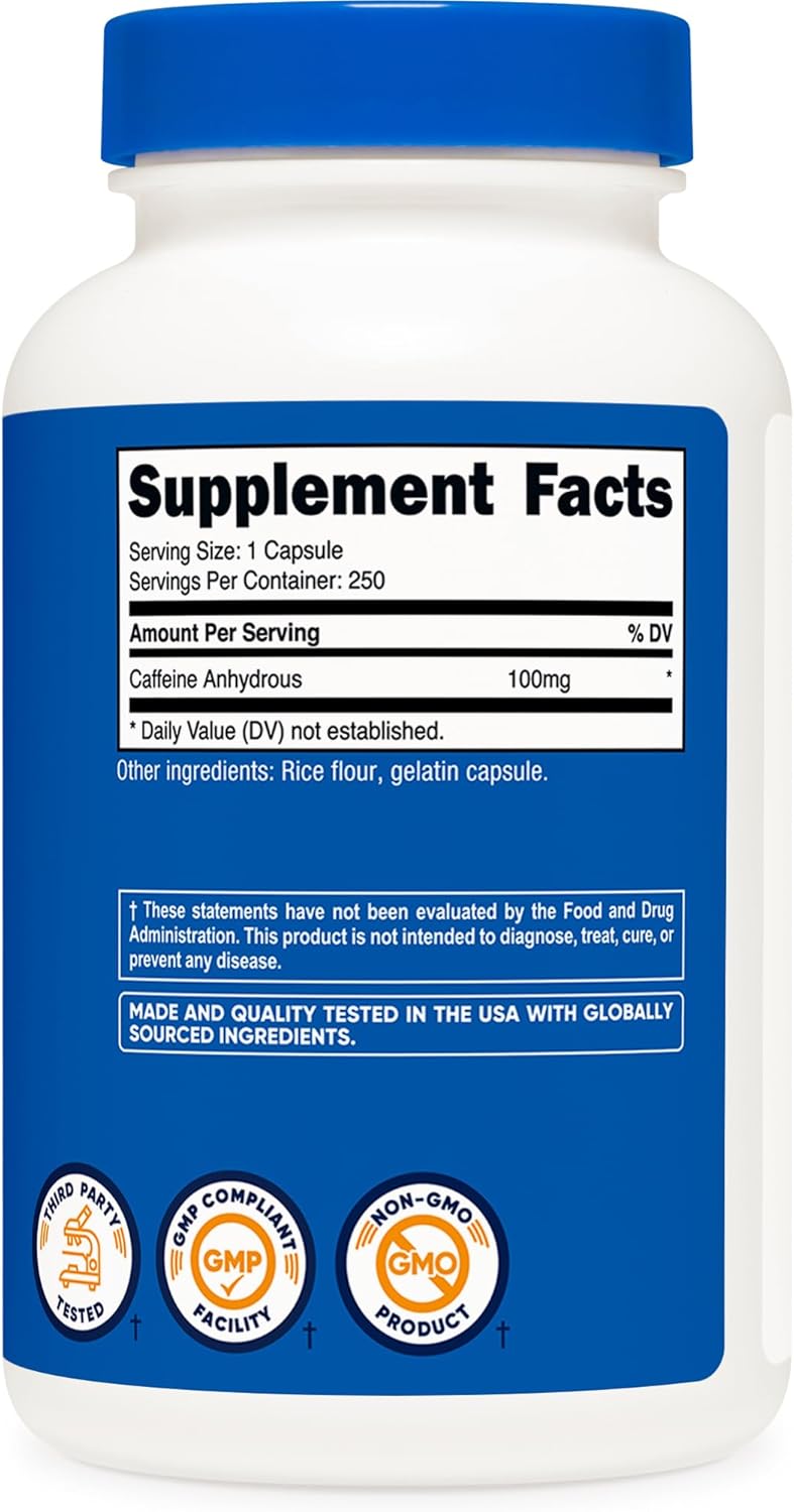 250 Capsules of Nutricost Caffeine Pills, 100mg Per Serving - Energy Boost & Focus Support