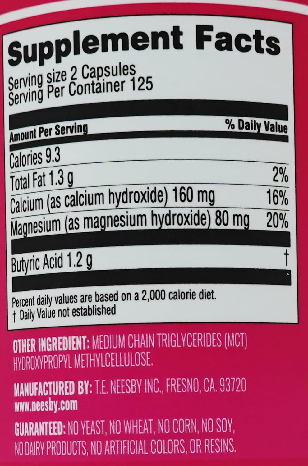 250 Capsules of T.E. Neesby Butyrex Calcium/Magnesium Butyrate Complex