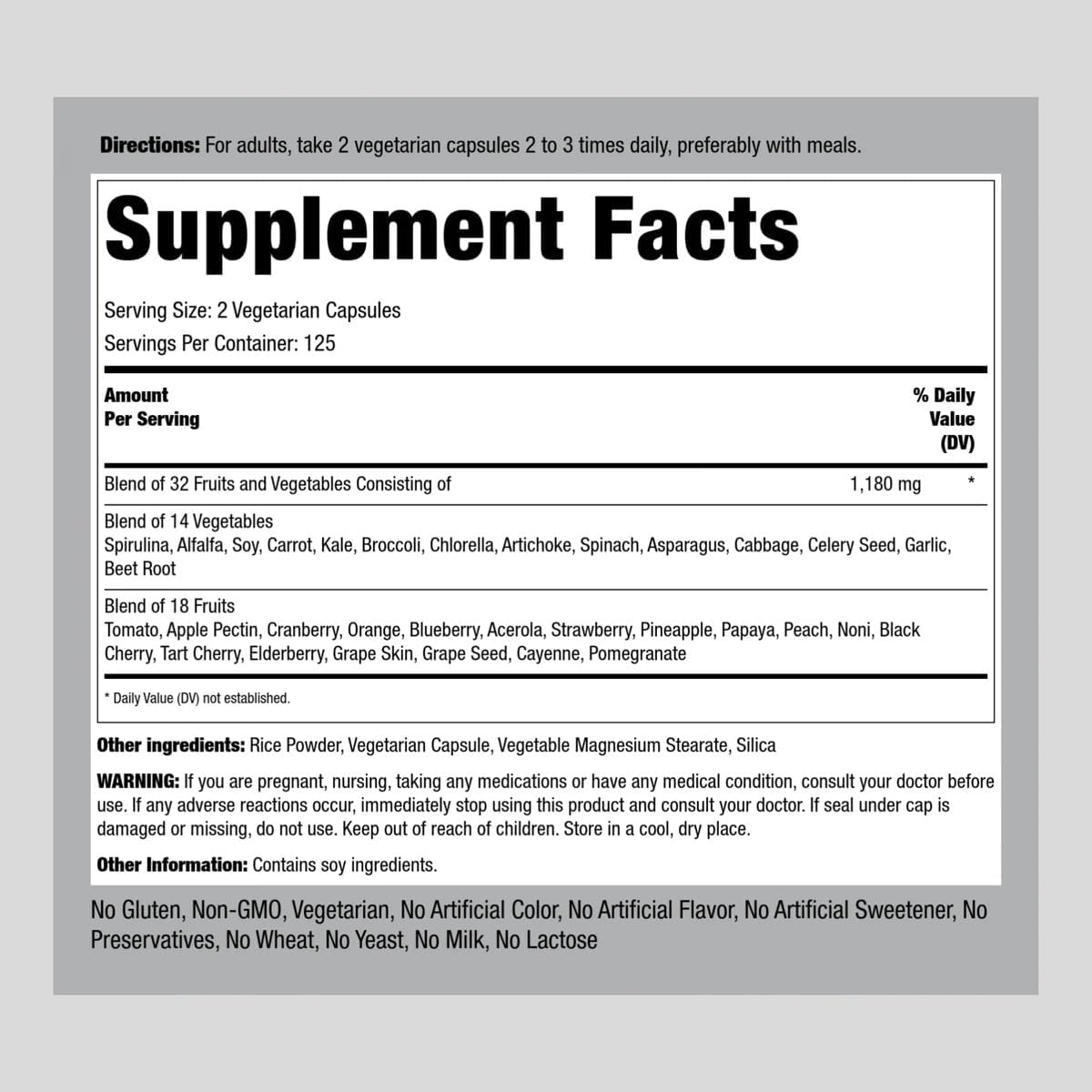 250 Capsules Piping Rock Fruits & Veggies Superfood Supplement - Vegetarian, Non-GMO, Gluten-Free
