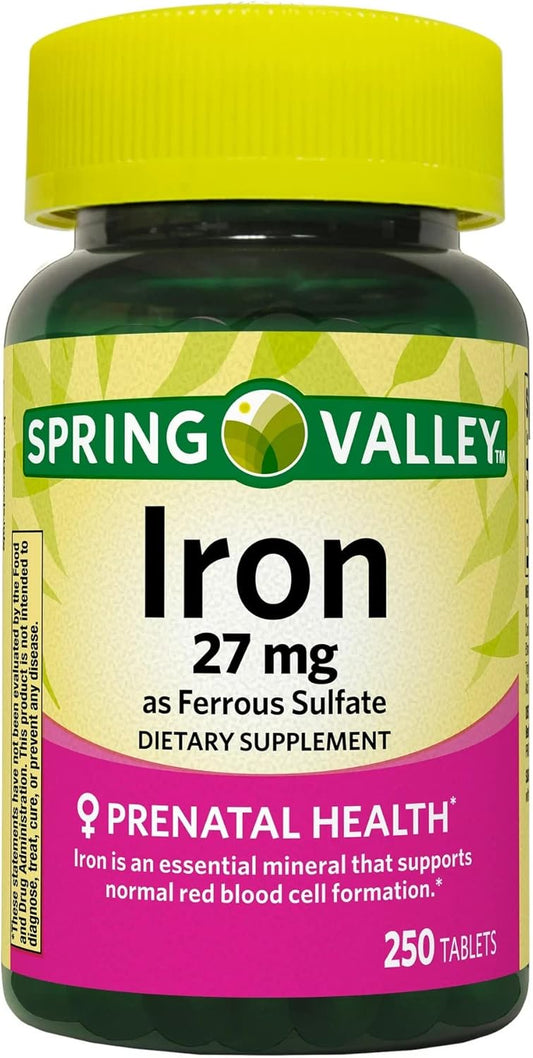 250 Count Ferrous Sulfate Tablets Dietary Supplement - 27 mg Iron - No Preservatives or Artificial Sweeteners