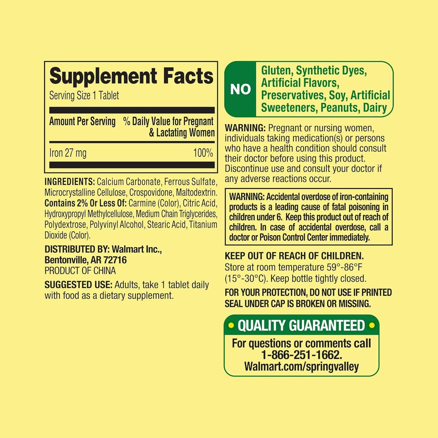 250 Count Ferrous Sulfate Tablets Dietary Supplement - 27 mg Iron - No Preservatives or Artificial Sweeteners