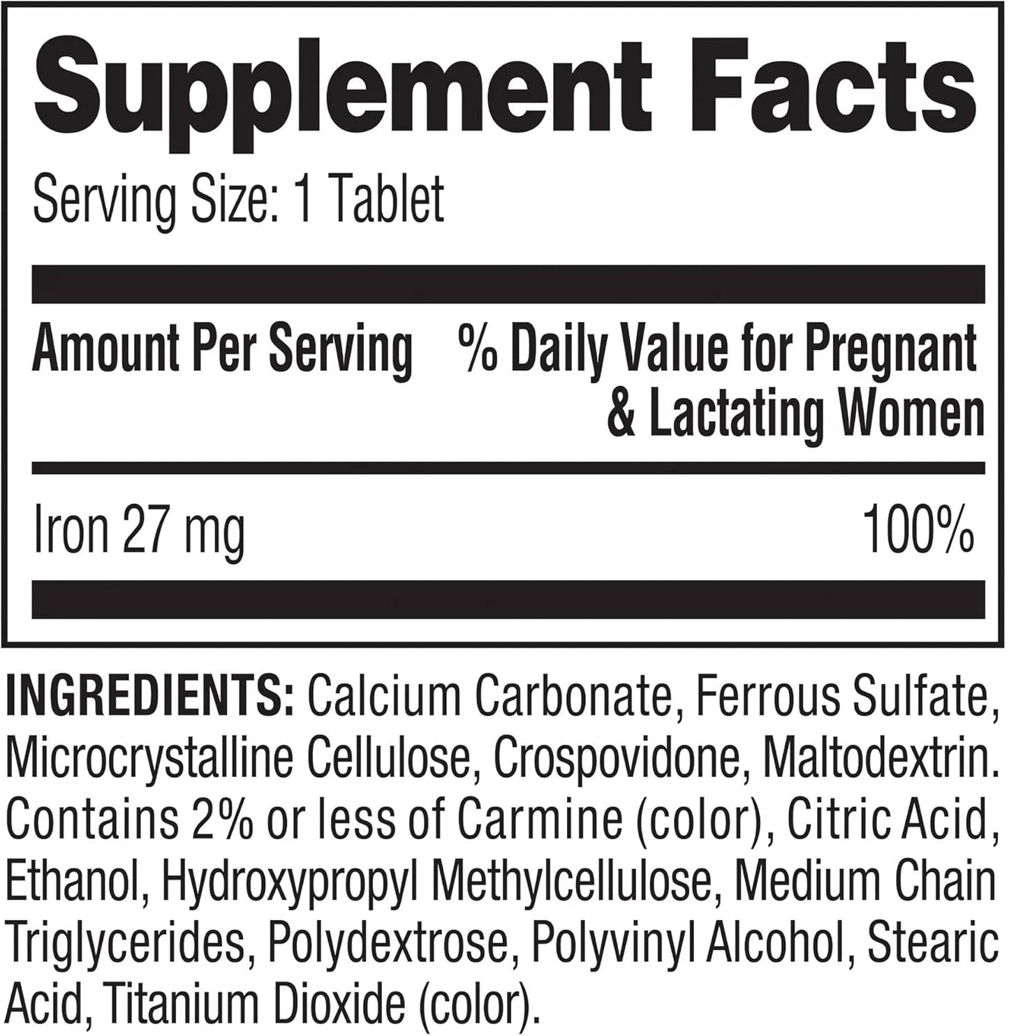 250 Count Ferrous Sulfate Tablets Dietary Supplement - 27 mg Iron - No Preservatives or Artificial Sweeteners