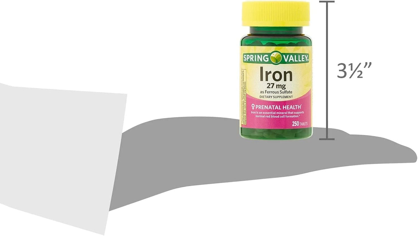 250 Count Ferrous Sulfate Tablets Dietary Supplement - 27 mg Iron - No Preservatives or Artificial Sweeteners