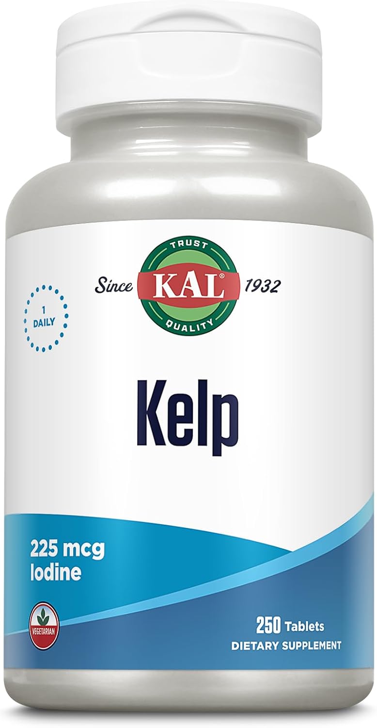 250 Count KAL 225 Mcg Kelp Iodine Tablets - Natural Iodine Supplement for Thyroid Health
