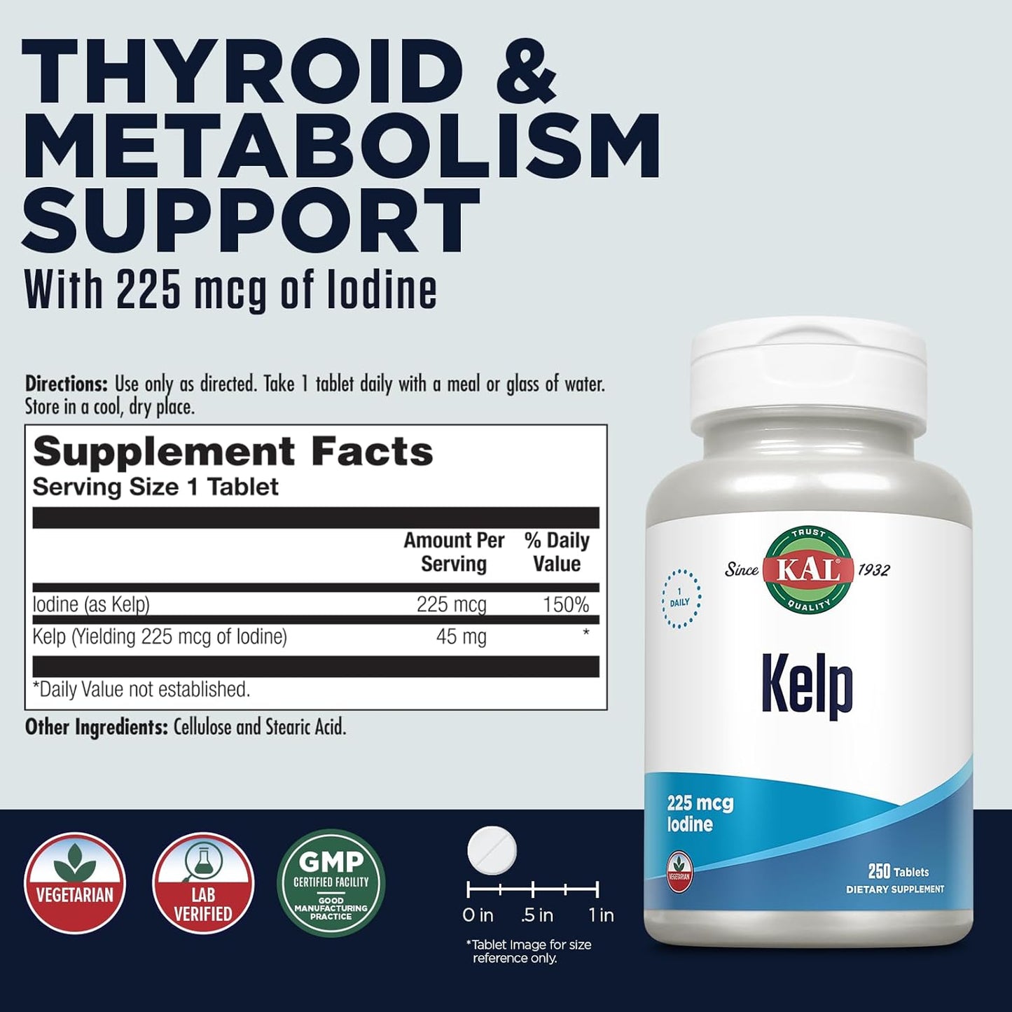 250 Count KAL 225 Mcg Kelp Iodine Tablets - Natural Iodine Supplement for Thyroid Health