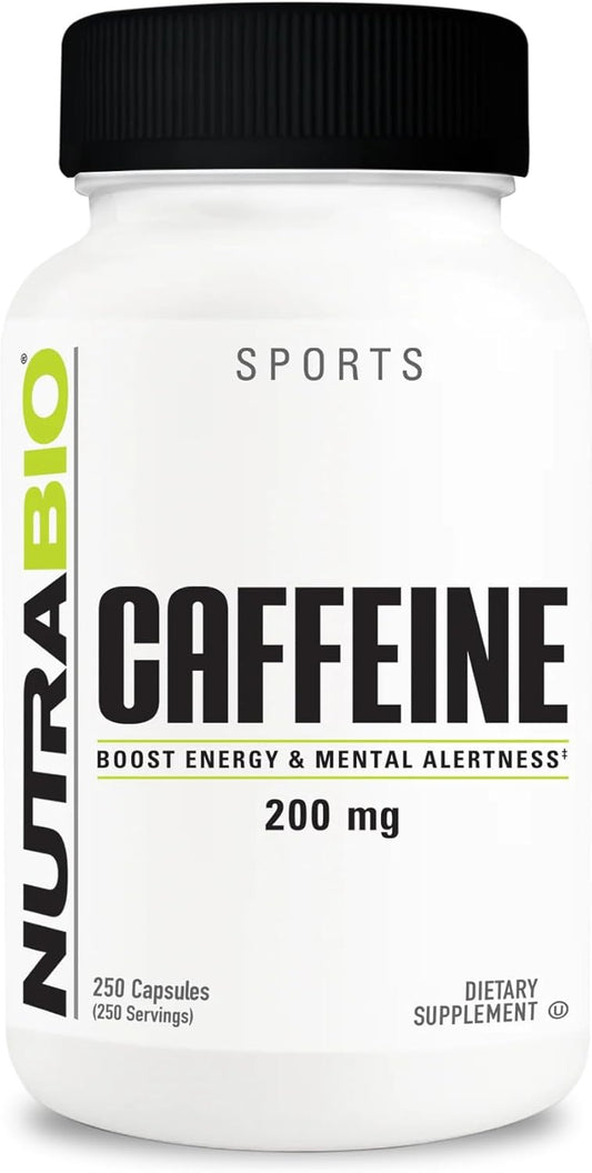 250 Count NutraBio Caffeine Capsules - 100% Pure Energy Supplement for Focus and Performance