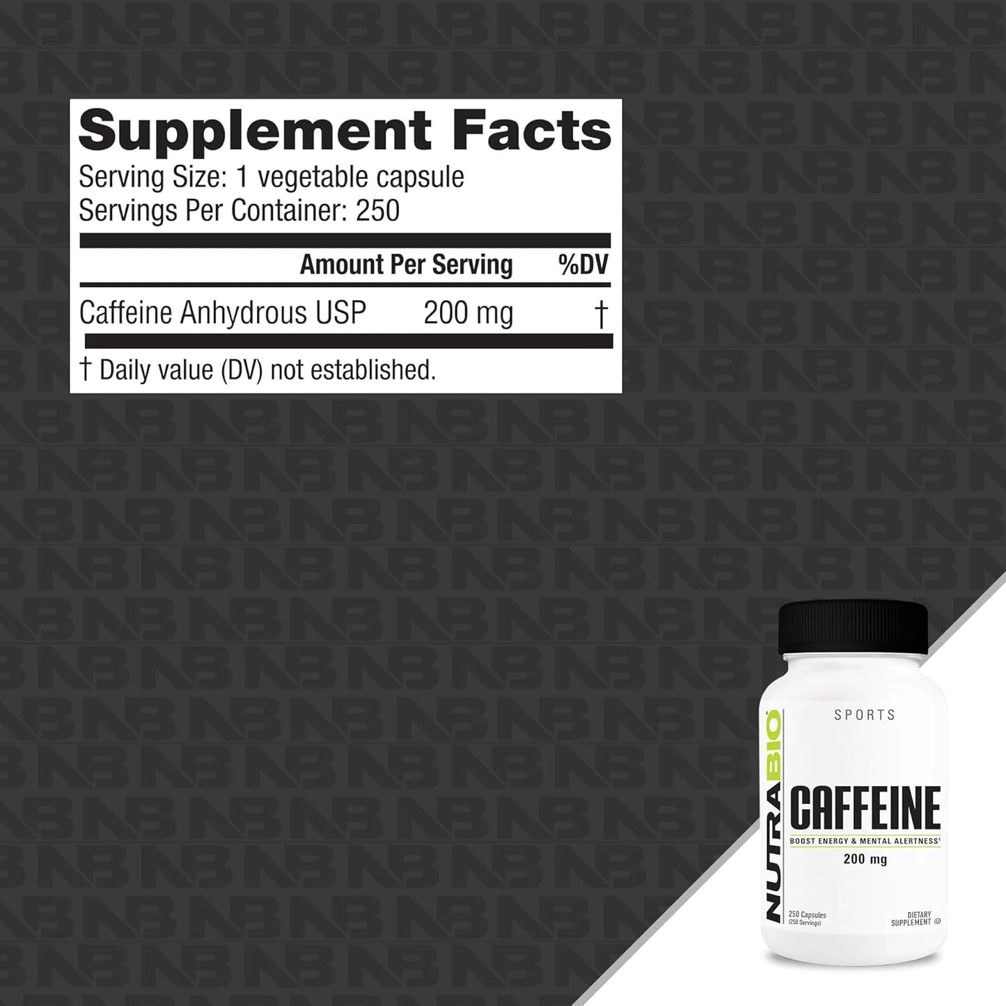 250 Count NutraBio Caffeine Capsules - 100% Pure Energy Supplement for Focus and Performance