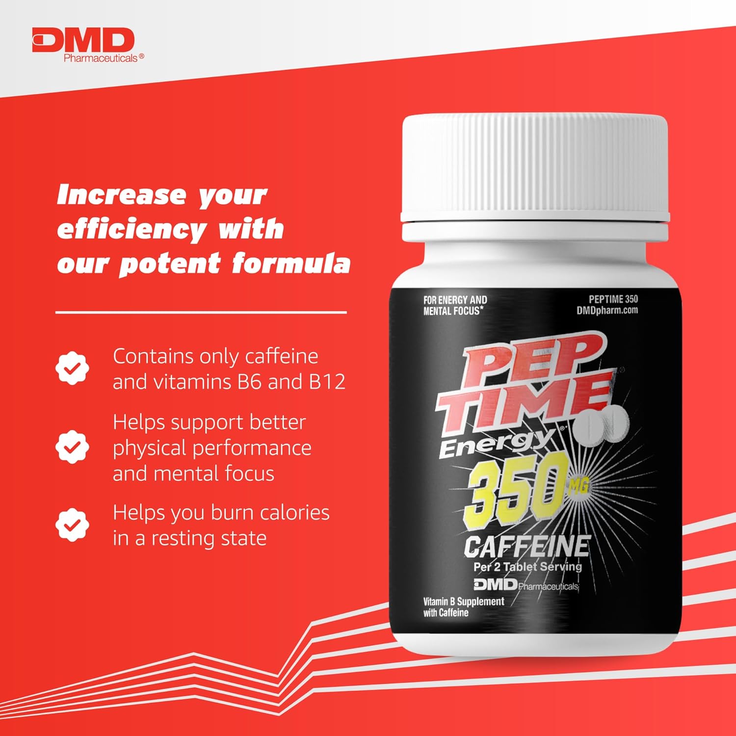 250 Count PEPTIME Energy Tablets with Vitamin B6, B12 & 350mg Caffeine - Performance & Focus Supplement