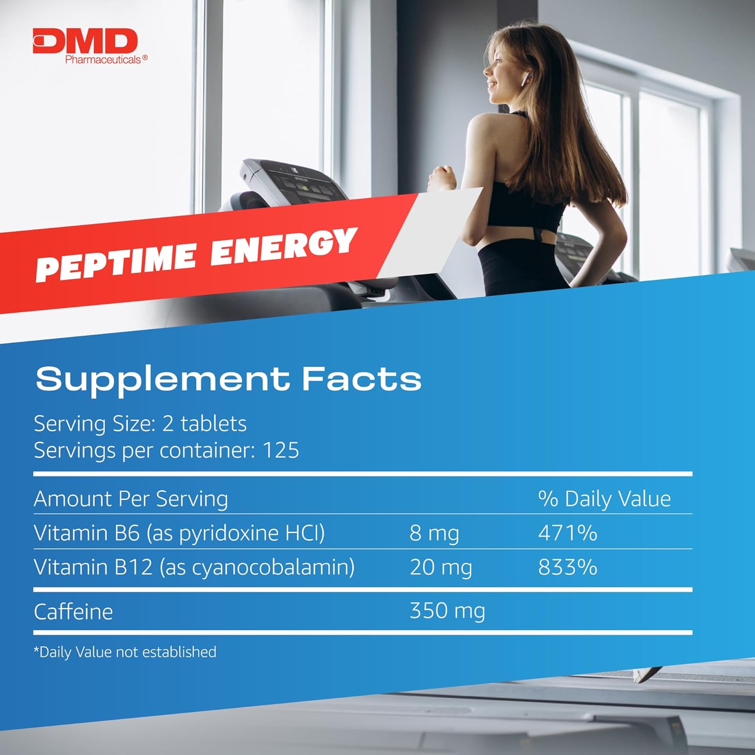 250 Count PEPTIME Energy Tablets with Vitamin B6, B12 & 350mg Caffeine - Performance & Focus Supplement