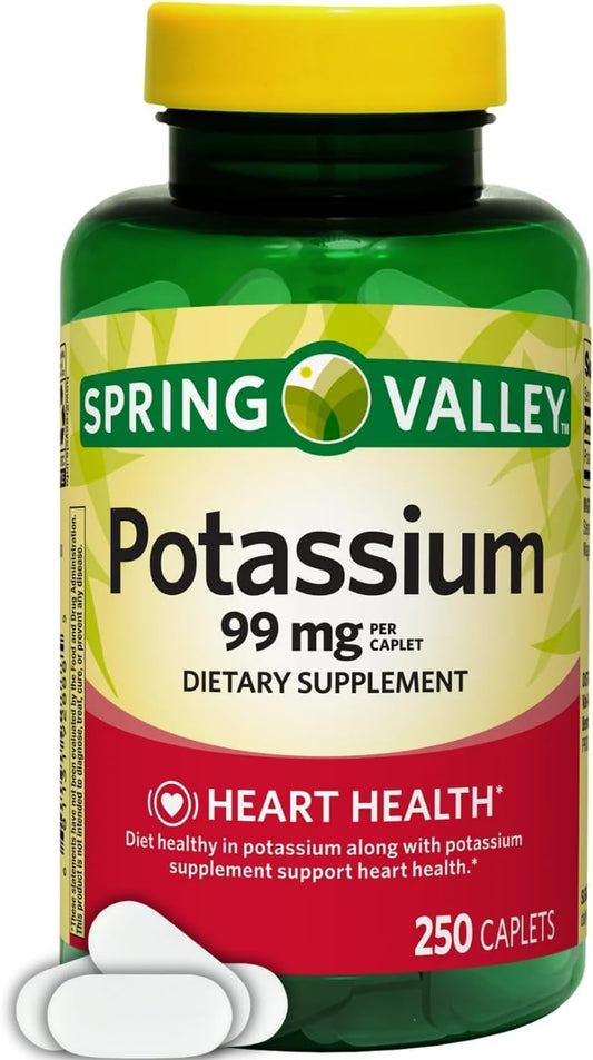 250 Count Potassium Caplets for Heart Health - 99 mg Supplement Pack of 1