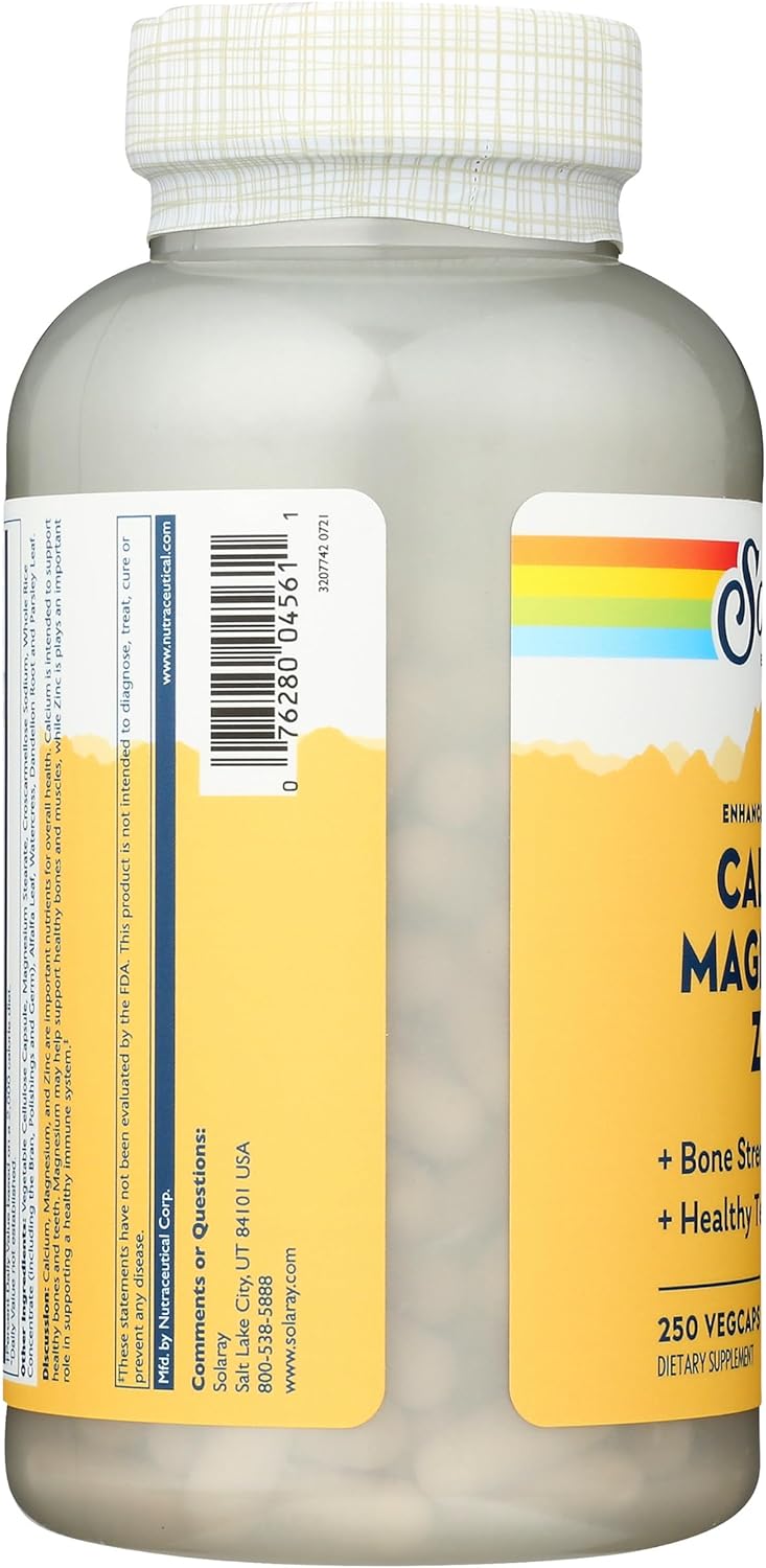 250 Count Solaray Calcium, Magnesium, and Zinc Capsules for Bone Health and Immune Support