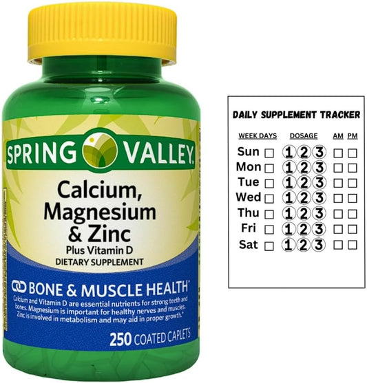 250 Count Spring Valley Calcium, Magnesium, Zinc & Vitamin D3 Caplets with Daily Supplement Tracker Sticker