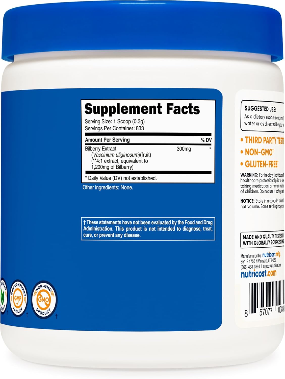 250 Grams Nutricost Bilberry Powder - Gluten Free and Non-GMO Supplement