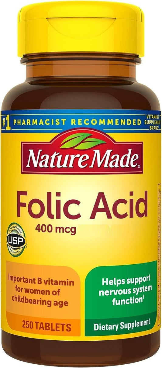 250 Nature Made Folic Acid 400 mcg Tablets for Healthy Cell Growth and Development